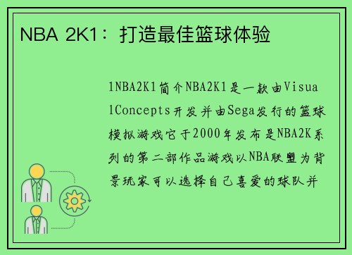 NBA 2K1：打造最佳篮球体验